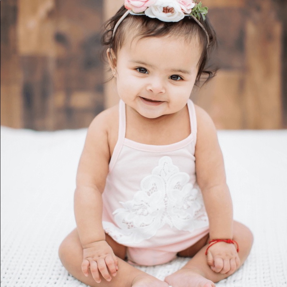 Lace Trimmed Halter Romper - Baby Pink